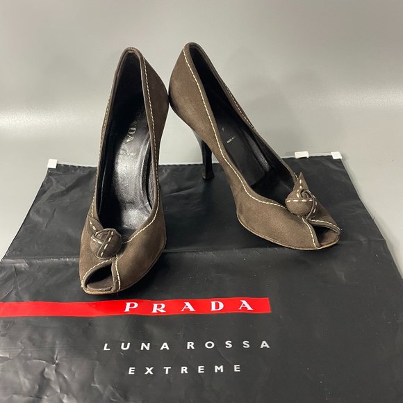 Prada Khaki Brown Stitch Nubuck Leather Peep-toe Pumps, Size 36 - Picture 1 of 11